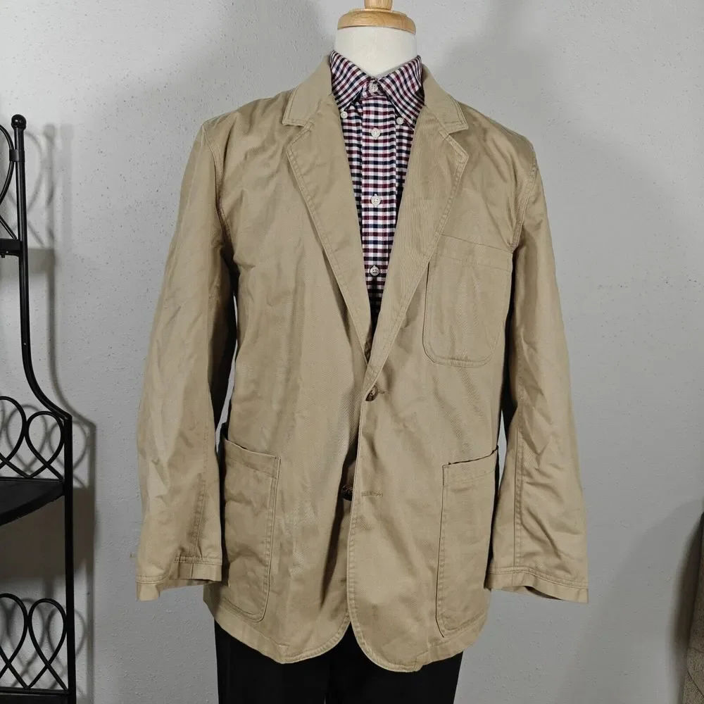 Duluth Trading Co. Mens Sport Coat Blazer Two Button Solid Beige Cotton Heavy LG